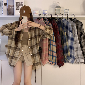 <strong>Women's</strong> Plaid Shacket Oversized Long Sleeve Button Down Shirt Jacket Summer Beach Cover up Casual Sun Protection Coat One Size - Product Image 1