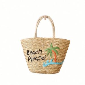 Bolso de Playa de Gran Capacidad con Bordado de Palmera, Estilo Vacacional, Cierre Abierto, Novedad con Letras, de Paja Portátil - Product Image 5