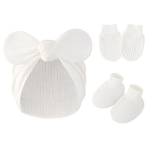 Conjunto de gorro con lazo para bebé recién nacido, con manoplas y calcetines anudados, diseño a rayas antiarañazos - Product Image 5