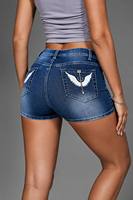 Shorts de Mezclilla Azul Lavado Estilo Vintage para Mujer, Cintura Alta, Bolsillo Trasero, Bordado de Alas, Corte Ajustado Informal