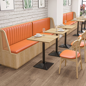 Set di Tavoli e Sedie Contemporanei XZY per Ristoranti, Divani e Panche in Legno Arancione e Pelle per Caffetterie, Fast Food e Bar - Product Image 4