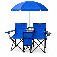 Chaise de camping pliable double bleu royal avec parasol amovible et sac isotherme, chaise de plage à structure en acier