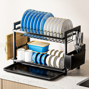 Égouttoir à vaisselle double couche en acier au carbone pour comptoir de cuisine avec porte-couverts et plateau pour un séchage rapide et un rangement facile - Product Image 1