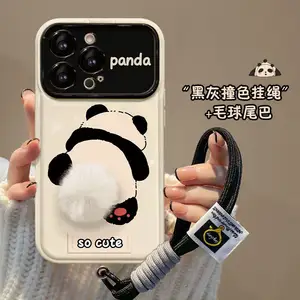 Casing belakang ponsel Panda lembut, casing ponsel Panda hitam lucu dengan tali pergelangan tangan untuk Iphone 6 7 8 Plus X Xr XS 11 12 13 14 15 Pro Max