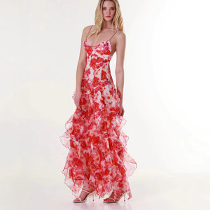 Robe de soirée longue en mousseline à imprimé floral, épaules dénudées, taille empire, avec superposition transparente, élégante pour femme - Product Image 4