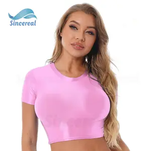 Custom Zomer Sexy Y 2K Baby T-Shirt Rekbare En Glanzende Stof Bodycon Basis Crop Top Tshirt Vrouwen