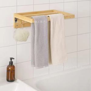 Wooden Towel Rack 4 Bars Foldable With Hooks <b>Bathroom</b> Storage Shelf Multipurpose <b>Accessory</b> - Product Image 2