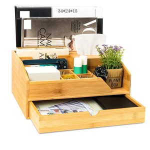 Organizador de escritorio de bambú con cajón, caja de almacenamiento multicompartimento de 34x24x15cm para papelería de oficina y pañuelos - Product Image 1