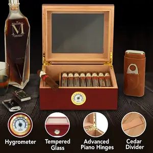 सिगार Humidor लक्जरी टेम्पर्ड ग्लास शीर्ष प्रदर्शन कस्टम पैकेजिंग लकड़ी Humidor सिगार तंबाकू मामले बॉक्स आर्द्रतामापी के साथ