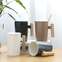 Ensemble de tasses en céramique à facettes géométriques avec couvercle à poignée en bois et cuillère, noir mat, beige, crème, pour café et thé, 4 couleurs, cadeau