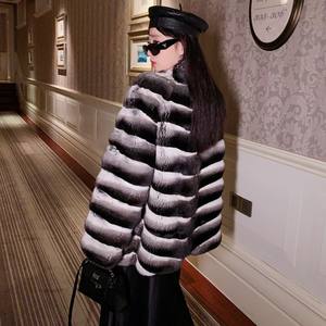 Chaqueta de piel auténtica con diseño de rayas populares, abrigo de piel de <span class=keywords><strong>Chinchilla</strong></span> auténtica de lujo para mujer, <span class=keywords><strong>precio</strong></span> - Product Image 4