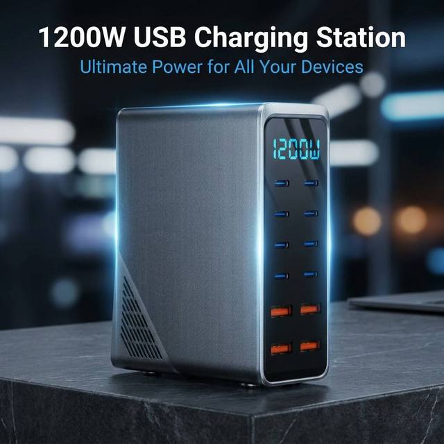 1200W 12-Port USB C Fast Charging Station Digital Display Multi-Port Desktop Charger USB A High Power Hub for Shop Office Hotel
