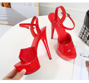 Sandales à talons hauts <span class=keywords><strong>de</strong></span> 15 cm pour <span class=keywords><strong>femme</strong></span>, avec bride <span class=keywords><strong>de</strong></span> cheville, bout ouvert, plateforme, <span class=keywords><strong>talon</strong></span> épais, couleur rouge, pour la pole dance, idéales pour l'été - Product Image 2