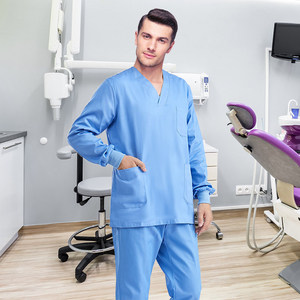 Ensembles d'uniformes médicaux 100 % coton, col en V, manches longues, tenues d'infirmière, uniformes d'hôpital, antistatiques, vente en gros, OEM/ODM, logo personnalisé - Product Image 3