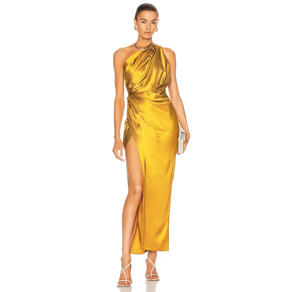 2022 New Arrival Golden Sleeveless One Shoulder Backless Side Split Ruffles Fashion Evening Ball Gown Dress