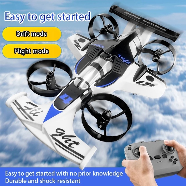 Land Air Dual-Use Quadcopter Drift Toy Car 2-in-1 Unmanned Aerial Vehicle Fixed Wing Model 100m Remote Control Resin Material