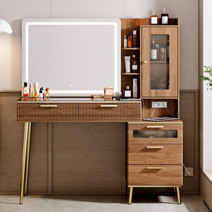 Modern Large Makeup Vanity <strong>Table</strong>, LED Light HD Mirror, Charging Station, <strong>Walnut</strong> <strong>Dressing</strong> Desk with 5 Drawers and Storage Shelves - Product Image 2