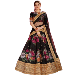 Vêtements en soie Sangeet Banglori à imprimé floral noir Lehenga Choli vêtements indiens et pakistanais - Product Image 1