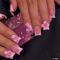 Faux ongles à presser faits main, motif fleur rose 3D, décorations en strass, motif étoile et inscription 'I Love Me', en acrylique, couvrance totale, forme carrée, mignons