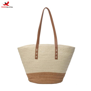 Bolsos de Paja Franceses de Moda, Estilo Vintage con Contraste de Color, Gran Capacidad, Bolso de Hombro para Vacaciones, Bolso de <span class=keywords><strong>Playa</strong></span>, RTS, Pedido Mixto al por Mayor - Product Image 1
