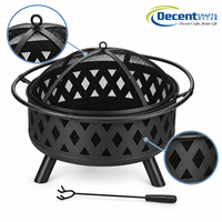 Brasero d'extérieur rond en acier avec grille de sécurité en treillis diamanté, écran anti-étincelles et pioche à feu en fer