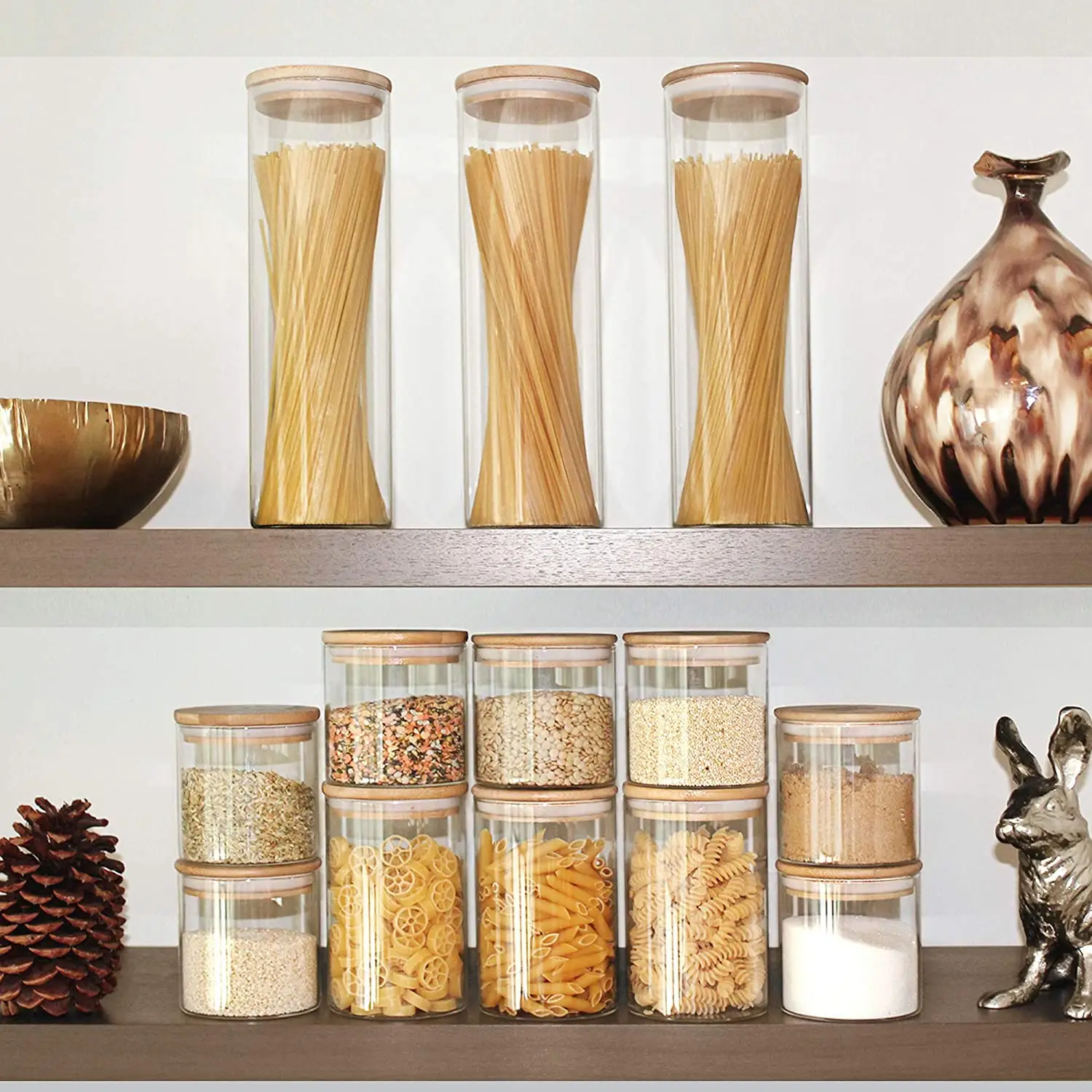 Borosilicate Large Food Glass Spice Spaghetti Storage Jar Canister Container With Airtight Wood Bamboo Lid