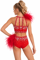 Costume de danse personnalisé avec plumes et strass rouges pour femmes et filles, ensemble deux pièces, haut court et culotte taille haute, tenue de scène pour compétition
