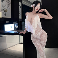 Robe de nuit longue en dentelle florale pour femme, nuisette à volants, dos ouvert, lingerie romantique, vente en gros