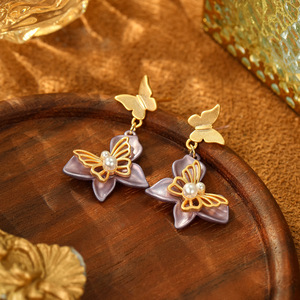 Aini BENI phong cách S925 Sterling bạc kim bông tai mới Tím Ethereal hoa ngọc trai cao cấp tinh tế nhẫn trang sức đồng thau - Product Image 3