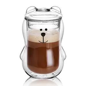 300 mlエスプレッソコーヒーティーマググラスかわいいクマのデザインマグ3Dグラスカップ蓋付き耐熱二重壁ミルクビールジュースDri