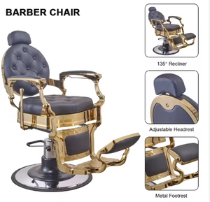 เก้าอี้ตัดผมสไตล์โบราณสีดำทองหุ้มหนังแบบมีปุ่ม  พร้อมปั๊มไฮดรอลิกฐานกลม สำหรับร้านตัดผม ขาย - Product Image 4