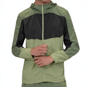 Men's Hooded Windbreaker Jacket Color Blocking Green Black Lightweight Polyester Spring Casual Zipper Closure - Product Image 1