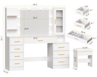 Coiffeuse moderne en bois massif de 49,2 pouces avec miroir et éclairage LED, plateau en verre blanc, tabouret, prise de courant, 5 tiroirs, pour chambre à coucher