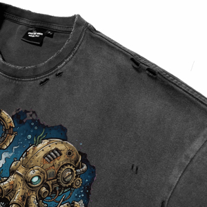 T-shirts respirants pour hommes, style vintage délavé et vieilli, avec impression DTG personnalisée pieuvre steampunk, décontractés, à manches courtes et col rond, vente en gros - Product Image 4