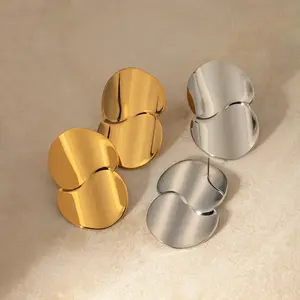 Joyería minimalista, pendientes redondos chapados en oro de 18 quilates para mujer, pendientes gruesos de acero inoxidable geométricos lisos de doble hoja, pendientes curvos