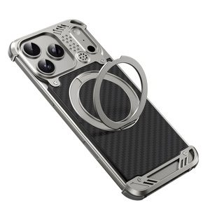 Custom Carbon Fiber Texture Magnetic Case for <b>iPhone</b> 17 15 16 Pro Max With 360° Ring Stand Aluminum Frameless Protective Cover - Product Image 1