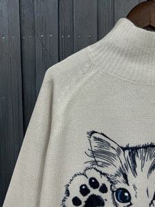 Maglione da <span class=keywords><strong>Donna</strong></span> a Collo Alto Traspirante Grigio Kaki a Maniche Lunghe con Stampa Cartone Animato Gatto <span class=keywords><strong>Nero</strong></span> Curioso – Essenziale per Ogni Stagione - Product Image 4