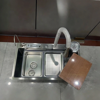 Évier cascade en acier inoxydable 304 gris nano de qualité supérieure pour cuisine, évier de travail moderne avec fente pour couteau et planche