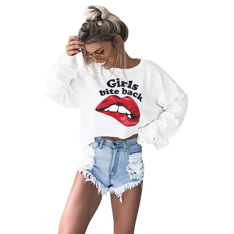 S1926 Fashion Lip Printed Women High Low Tops Fancy T Shirts Casual Loose Blouse Crop Top Club Wear Hot Girl