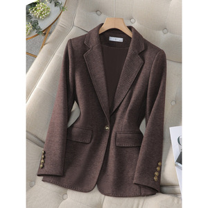 Women's Wool Blazer Brown Single Button Slim Fit Autumn Winter Solid Color Pocket Design - Product Image 1