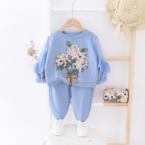 Vêtements pour filles printemps-automne 2022, ensemble de vêtements pour filles de 1 à 5 ans, dentelle brodée, deux pièces - Product Image 6