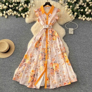 Vestidos Largos Elegantes para Mujer, Estampados, con Mangas con Volantes, Cierre de Botón, Cintura Ajustada - Product Image 6