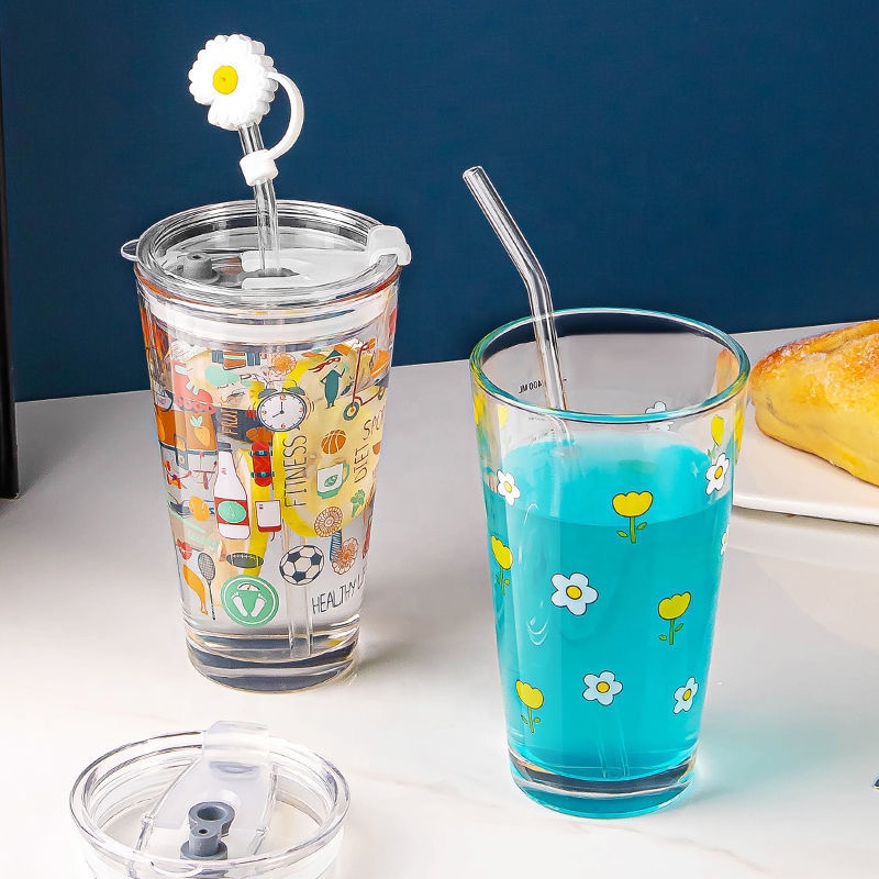 480ml Drinking glass cup with lid  with straw