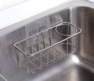 Adhesive Sponge Holder Brush Holder, 2 in 1 Sink <b>Caddy</b>, SUS304 Stainless Steel Rust Proof Water Proof - Product Image 3