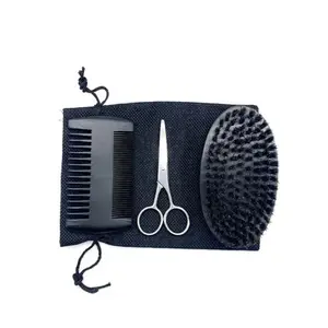 Wholesale custom logo men beard care set black bag boar bristle beard brush wooden comb beard grooming kit with scissor