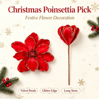 Tige de Poinsettia Rouge Scintillante pour Décoration de Noël, Fleur Artificielle en Velours Rouge, Décoration pour Arbre de Noël