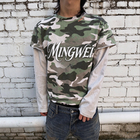 T-shirt Homme Personnalisé Camouflage Effet Deux Pièces Manches Longues Déchiré et Superposé Style Décontracté Streetwear OEMODMGarmentManufacturer