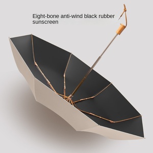 Paraguas Manual Plegable de Tres Pliegues con Protección Solar UV, Color Negro Sólido, Doble Uso para Sol y Lluvia, Mango de Madera Sólida para Mujer - Product Image 2