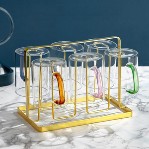Tazas de vidrio resistentes al calor con asas, juego de 6 piezas, tazas transparentes de colores para beber té con soporte dorado para fiestas - Product Image 2
