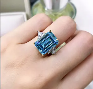 10 Carat 12*14mm cobalt Blue sapphire Emerald Cut Lab Created gemstone Ring Solitaire Ring 10k/14k/18k gold fashion fine jewelry